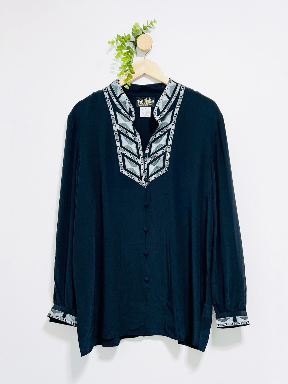 Bob Mackie Wearable Art 100% Silk Boho Embroidered Black Blouse